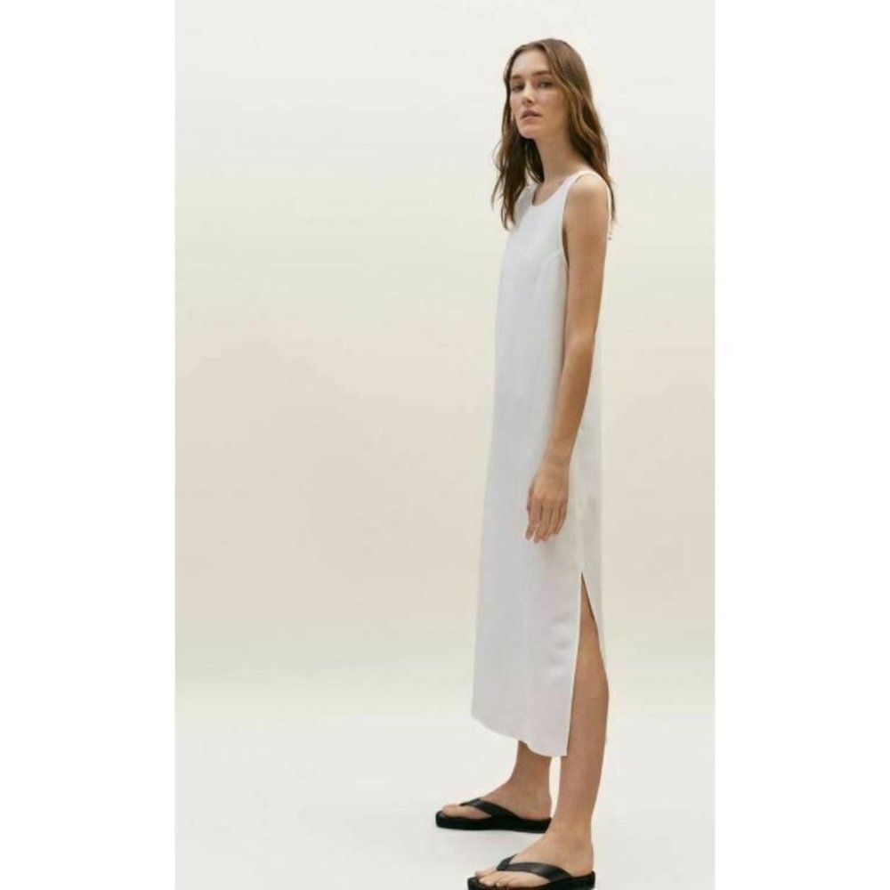 Massimo Dutti Womens Linen Dress US 4 EU 36 White Midi Sleeveless 6622/226 NWT